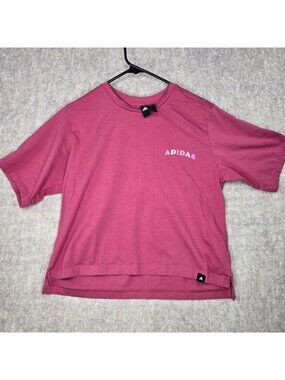 Adidas Womens Cropped T-Shirt Pink Size Medium Cotton Relaxed Boxy Fit Logo Desi